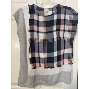 POSTMARK Anthropologie Womens sz XS Multi-Color Mixed Fabric Plaid Jersey Shirt